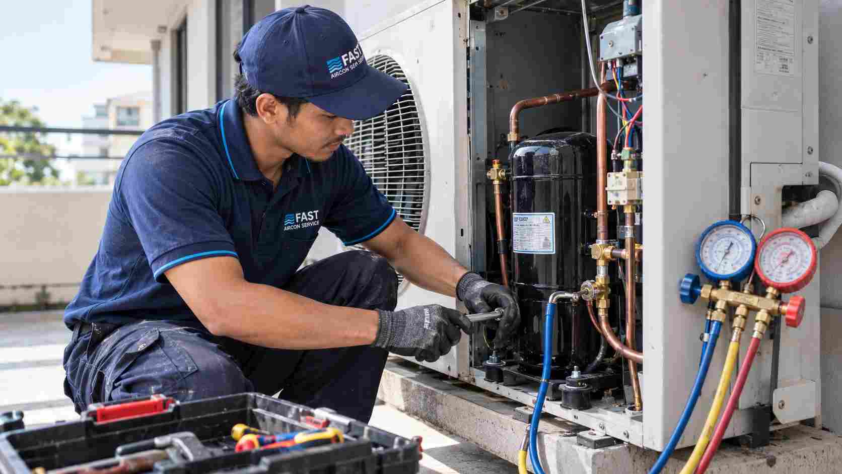 Technician checking an aircond compressor that is not cooling