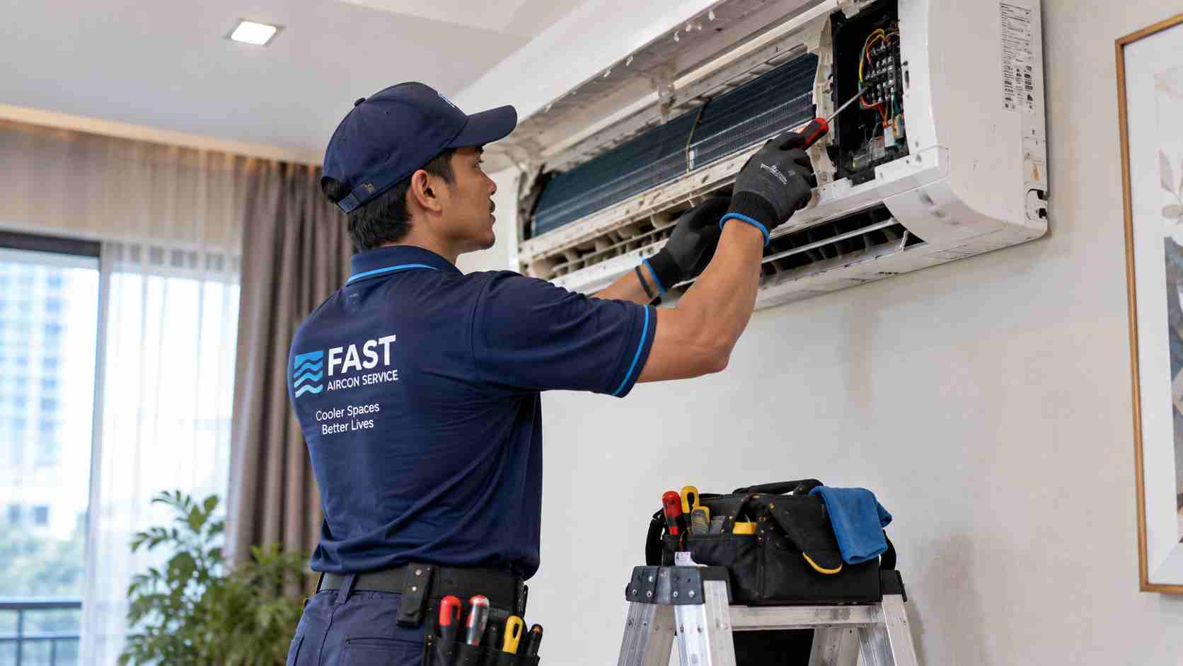 Aircon Fast technician repairing an aircond